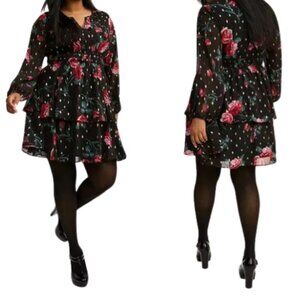 Torrid Women's Size 2 Bust 50 Mini Blouson Sleeve Skater Dress Black Floral :)